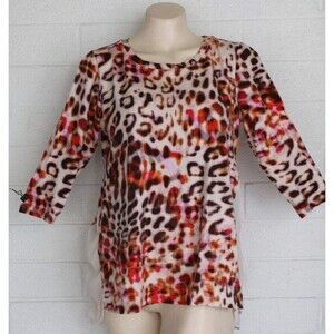 LOGO Lori Goldstein Medium Animal Print White Chiffon Hem Pullover Tunic Top